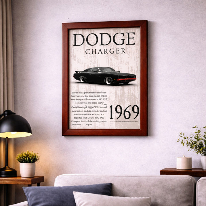 1969 Dodge Charger Classic Muscle Car Poster Frame – Vintage American Car Wall Art for Garage, Man Cave & Living Room