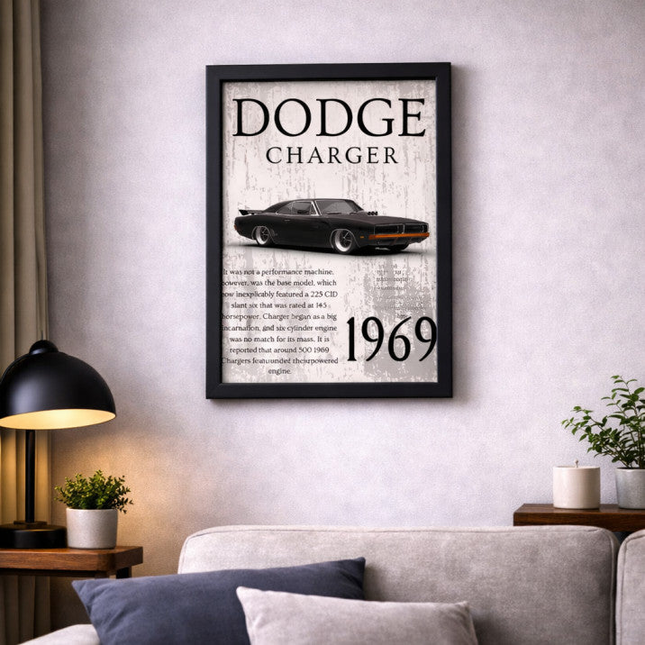 1969 Dodge Charger Classic Muscle Car Poster Frame – Vintage American Car Wall Art for Garage, Man Cave & Living Room