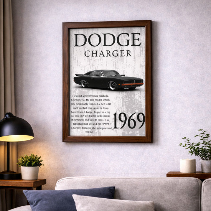 1969 Dodge Charger Classic Muscle Car Poster Frame – Vintage American Car Wall Art for Garage, Man Cave & Living Room