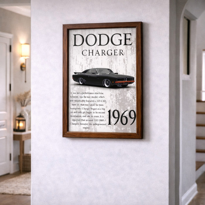 1969 Dodge Charger Classic Muscle Car Poster Frame – Vintage American Car Wall Art for Garage, Man Cave & Living Room