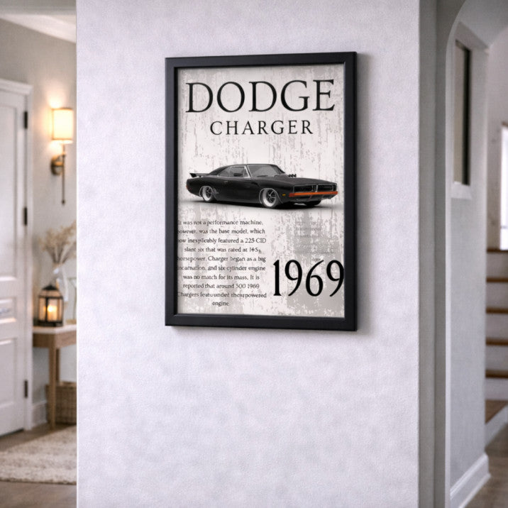 1969 Dodge Charger Classic Muscle Car Poster Frame – Vintage American Car Wall Art for Garage, Man Cave & Living Room