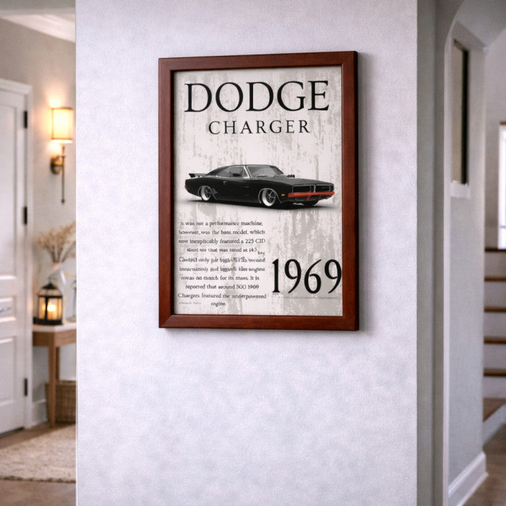 1969 Dodge Charger Classic Muscle Car Poster Frame – Vintage American Car Wall Art for Garage, Man Cave & Living Room