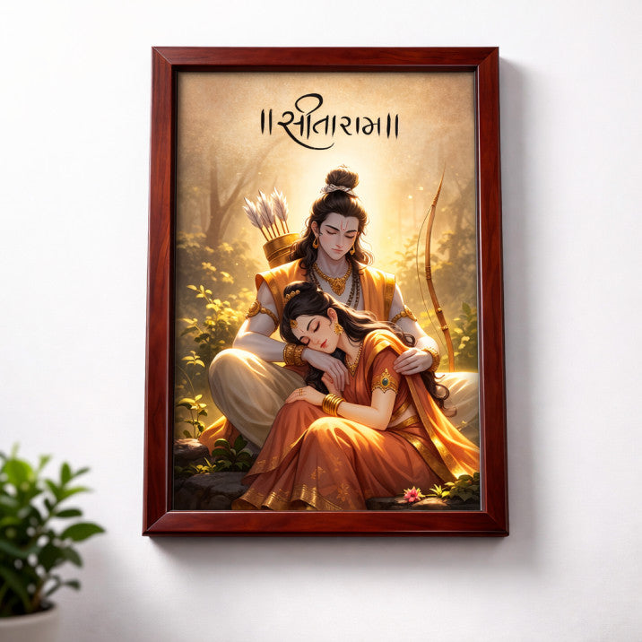 A4 Size Shri Ram Sita Wall Frame | Spiritual Hindu Art with Acrylic Glass & Wooden Finish Frame (21 × 29.7 cm)