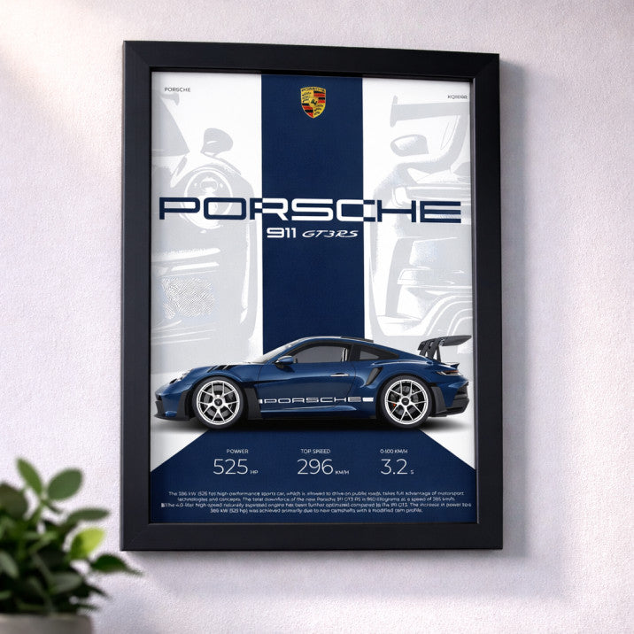 Porsche 911 GT3 RS A4 Framed Wall Poster | Premium Sports Car Art Print with Black/Wooden Frame