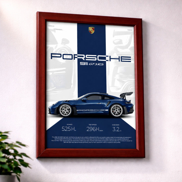 Porsche 911 GT3 RS A4 Framed Wall Poster | Premium Sports Car Art Print with Black/Wooden Frame