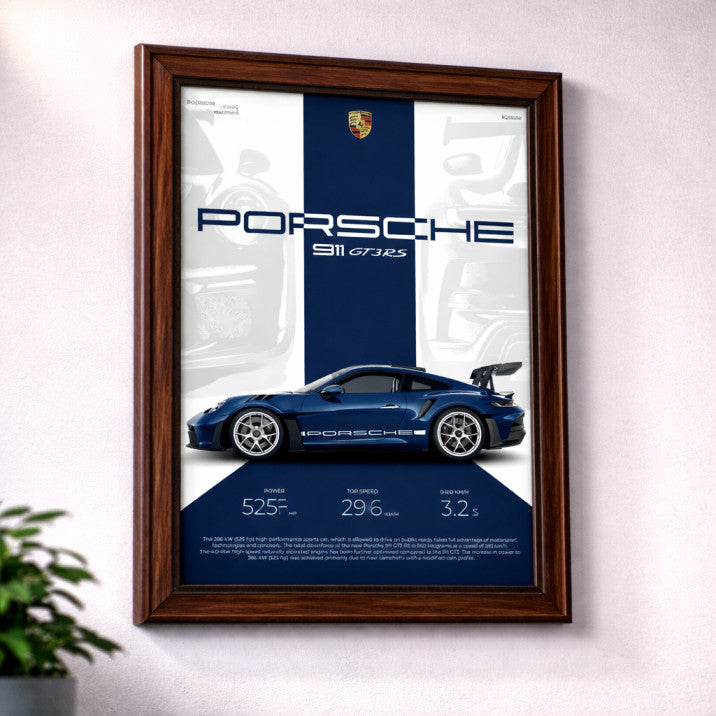 Porsche 911 GT3 RS A4 Framed Wall Poster | Premium Sports Car Art Print with Black/Wooden Frame