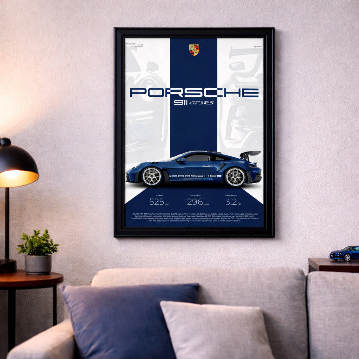 Porsche 911 GT3 RS A4 Framed Wall Poster | Premium Sports Car Art Print with Black/Wooden Frame