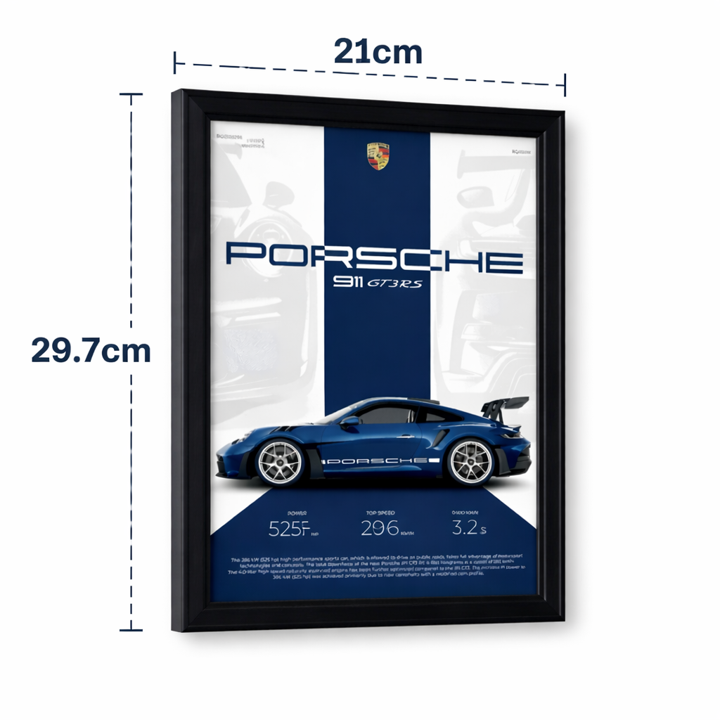 Porsche 911 GT3 RS A4 Framed Wall Poster | Premium Sports Car Art Print with Black/Wooden Frame