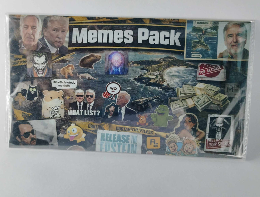 Packaged memes with various images and text on a white background
