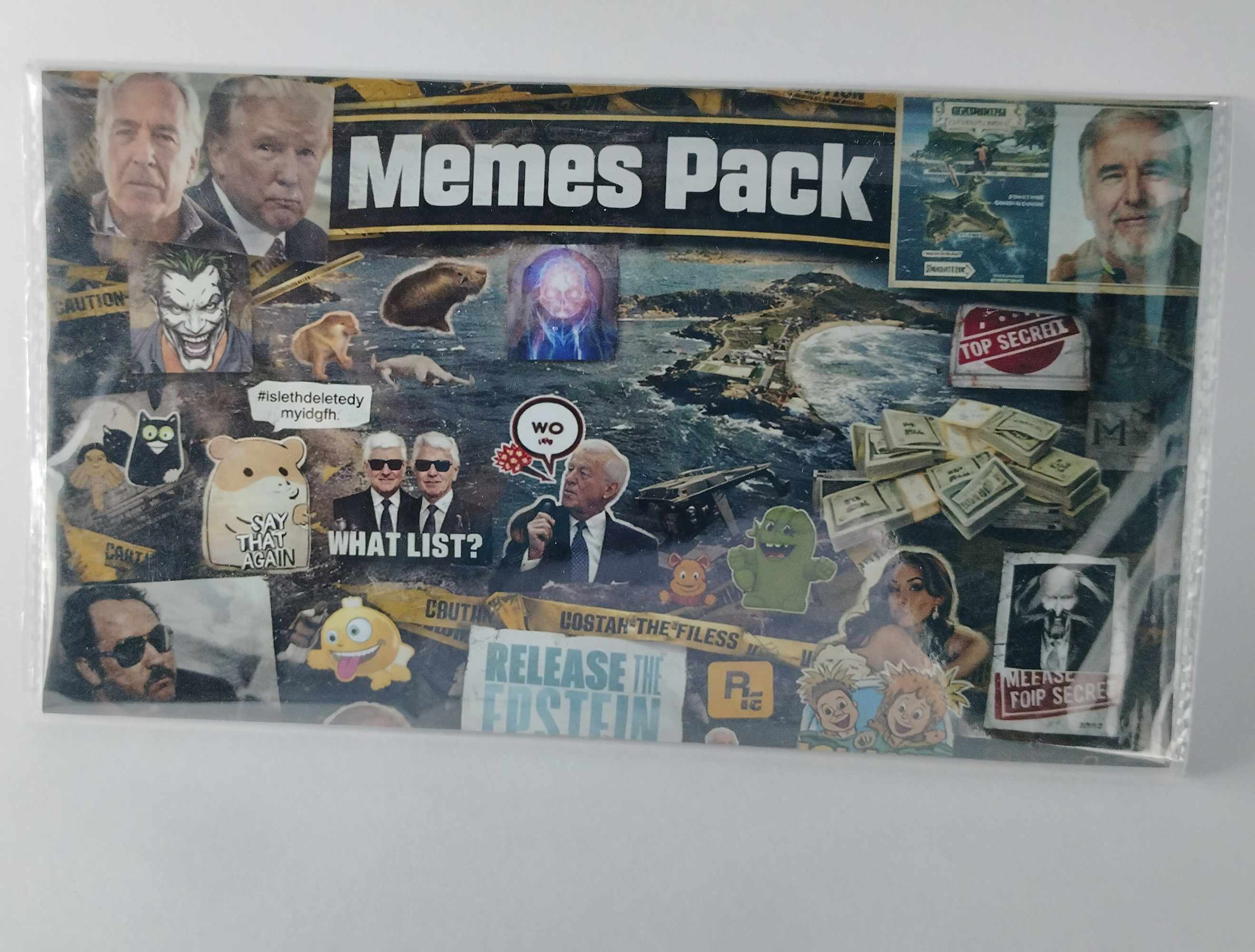 Packaged memes with various images and text on a white background