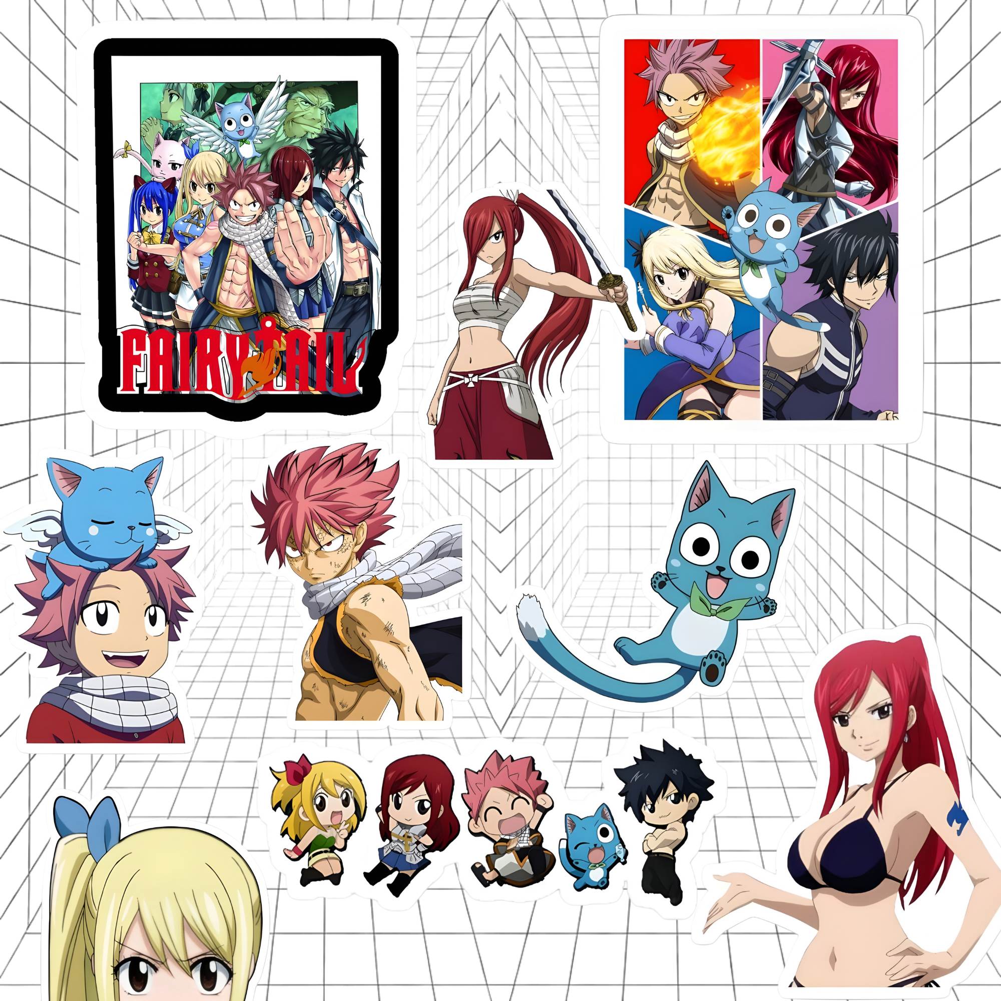 Collection of anime characters from Fairy Tail on a grid background
