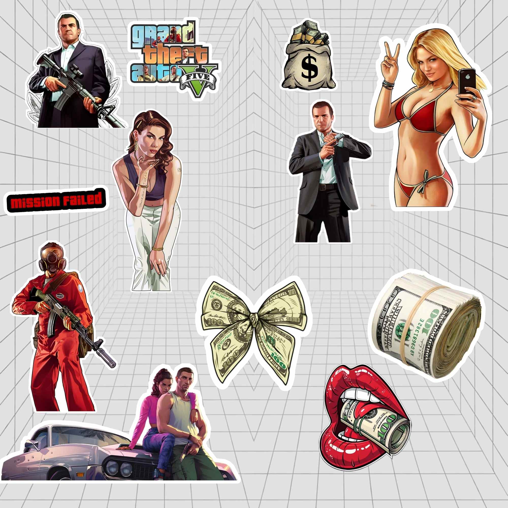 Sticker set with characters and symbols from a popular video game on a grid background