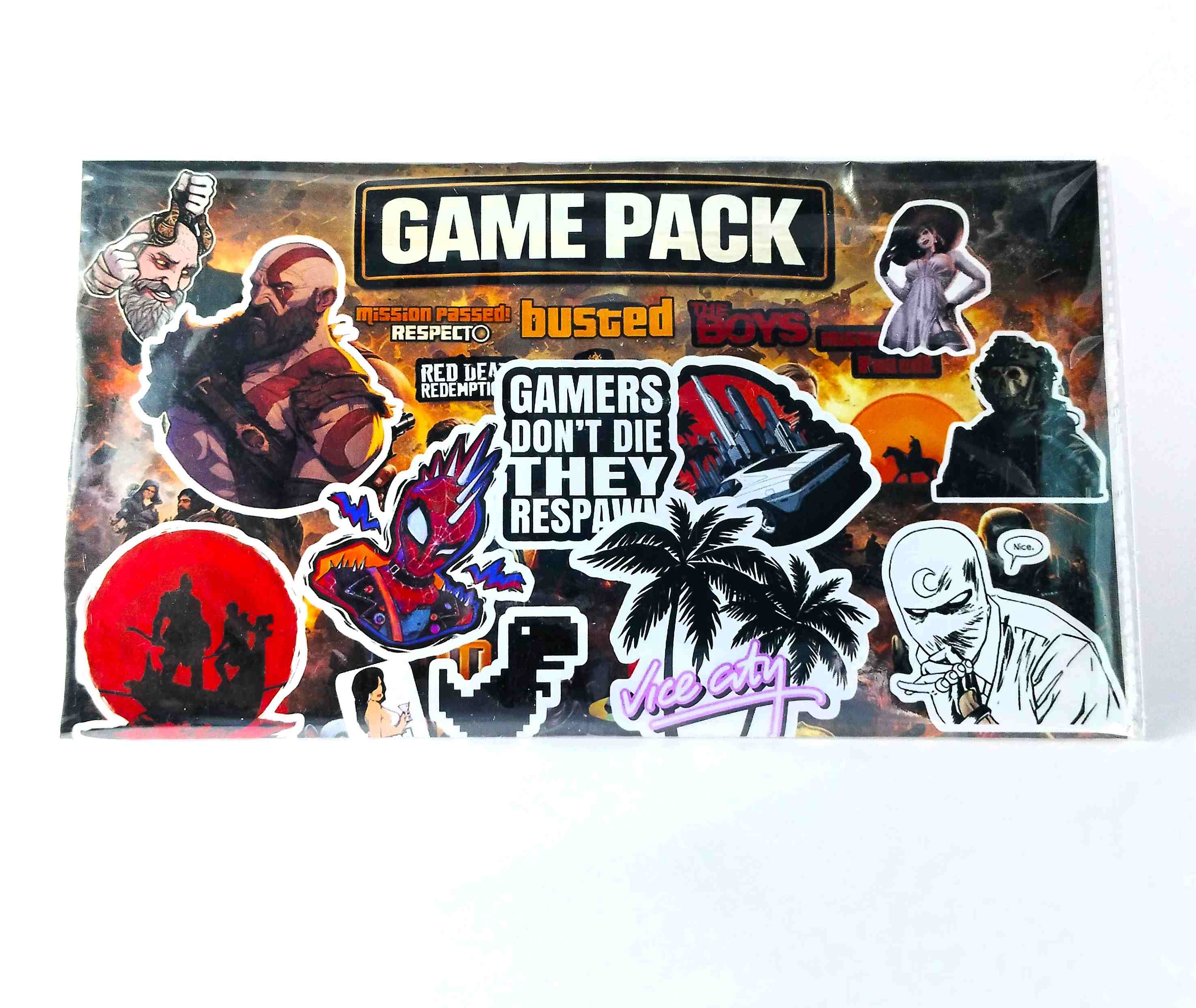 Game pack with various stickers featuring characters and text on a white background