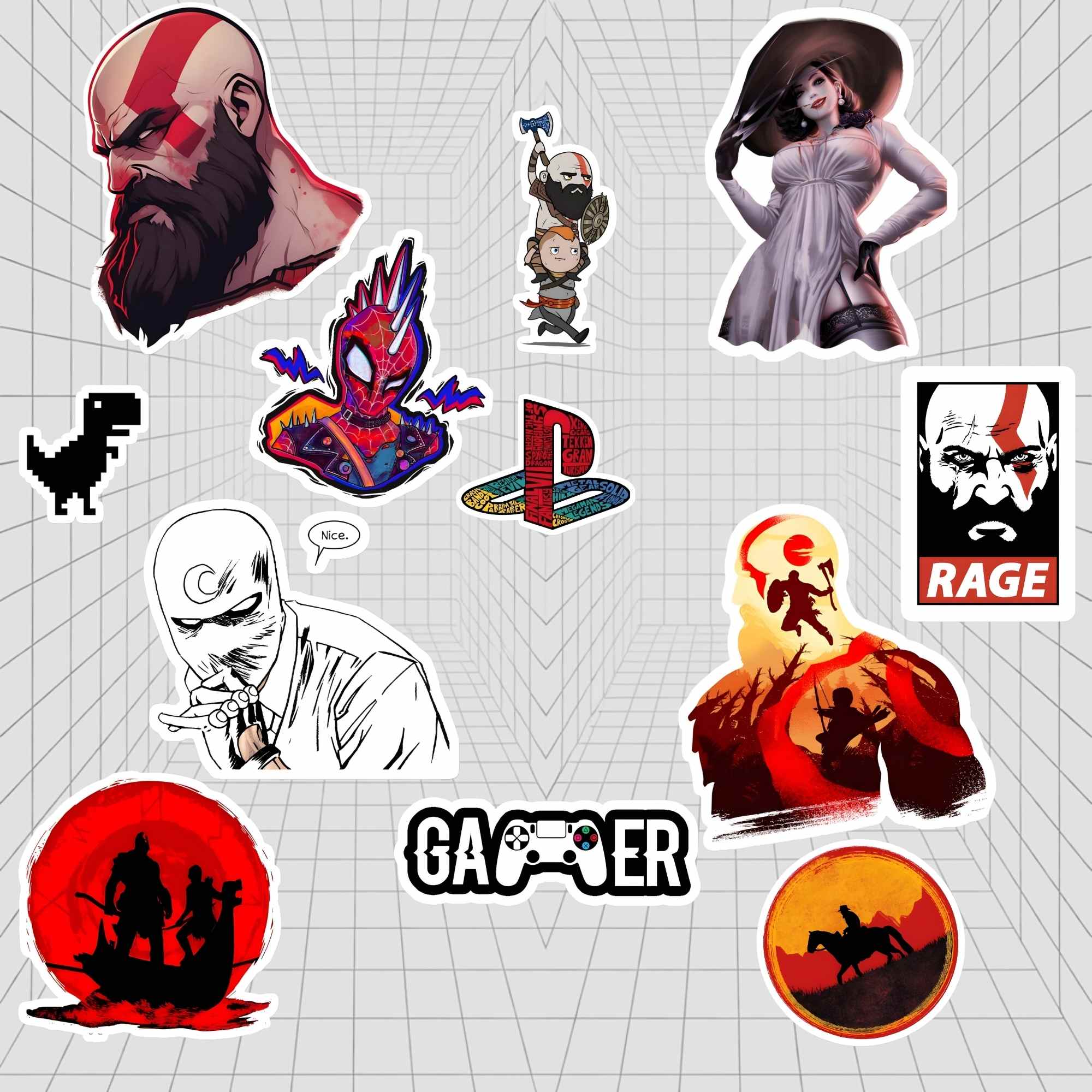 Collection of various stickers featuring different designs on a grid background