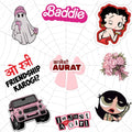 Collection of animated stickers with various designs and text on a white background