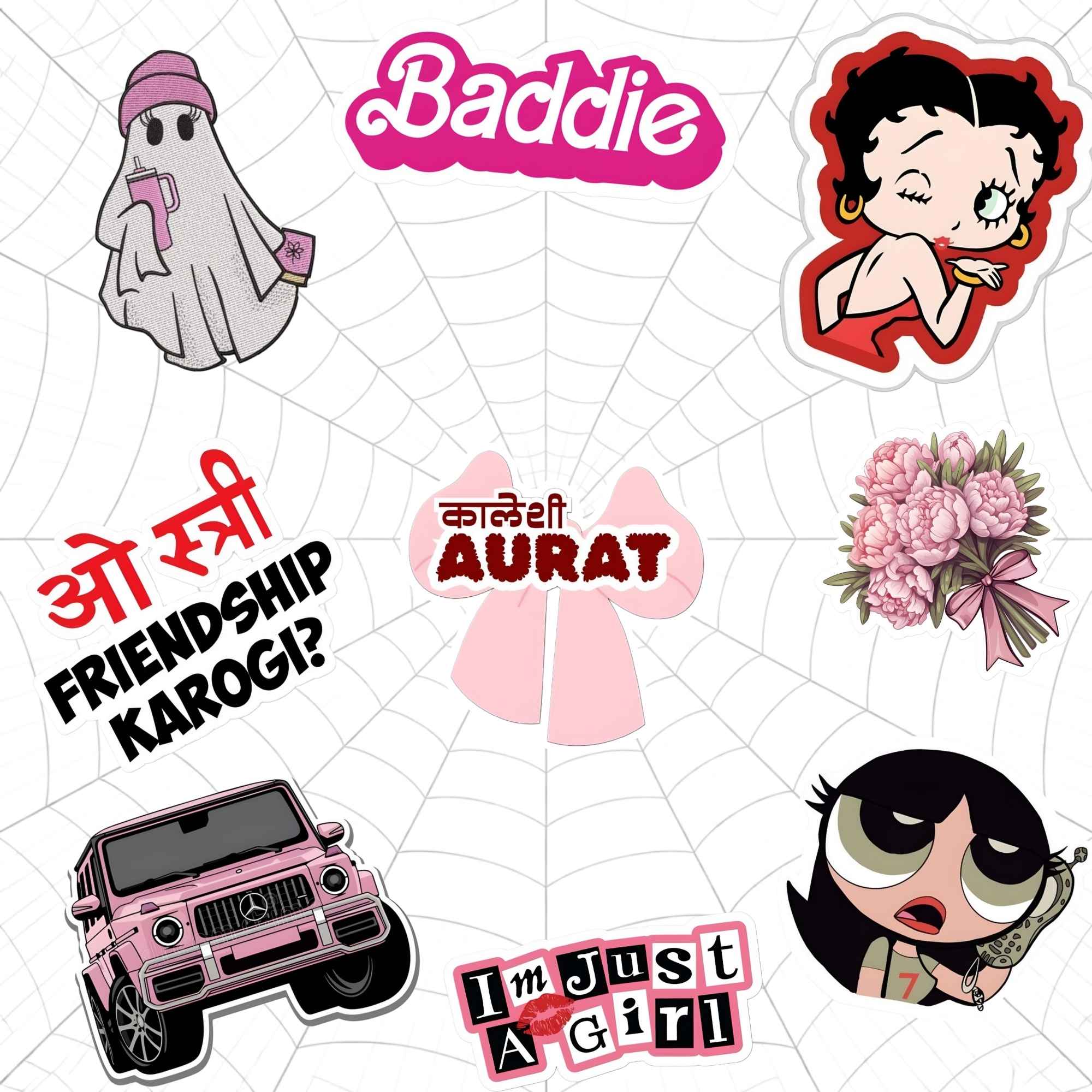Collection of animated stickers with various designs and text on a white background