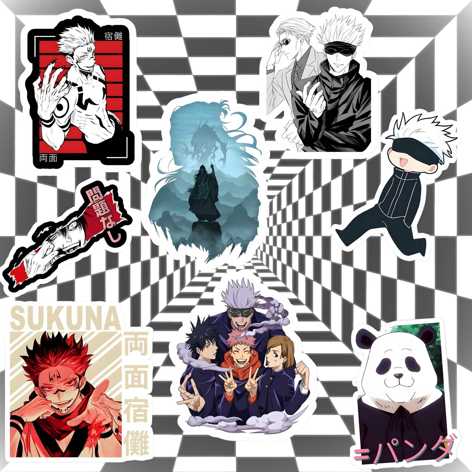 Collection of anime character stickers on a checkered background