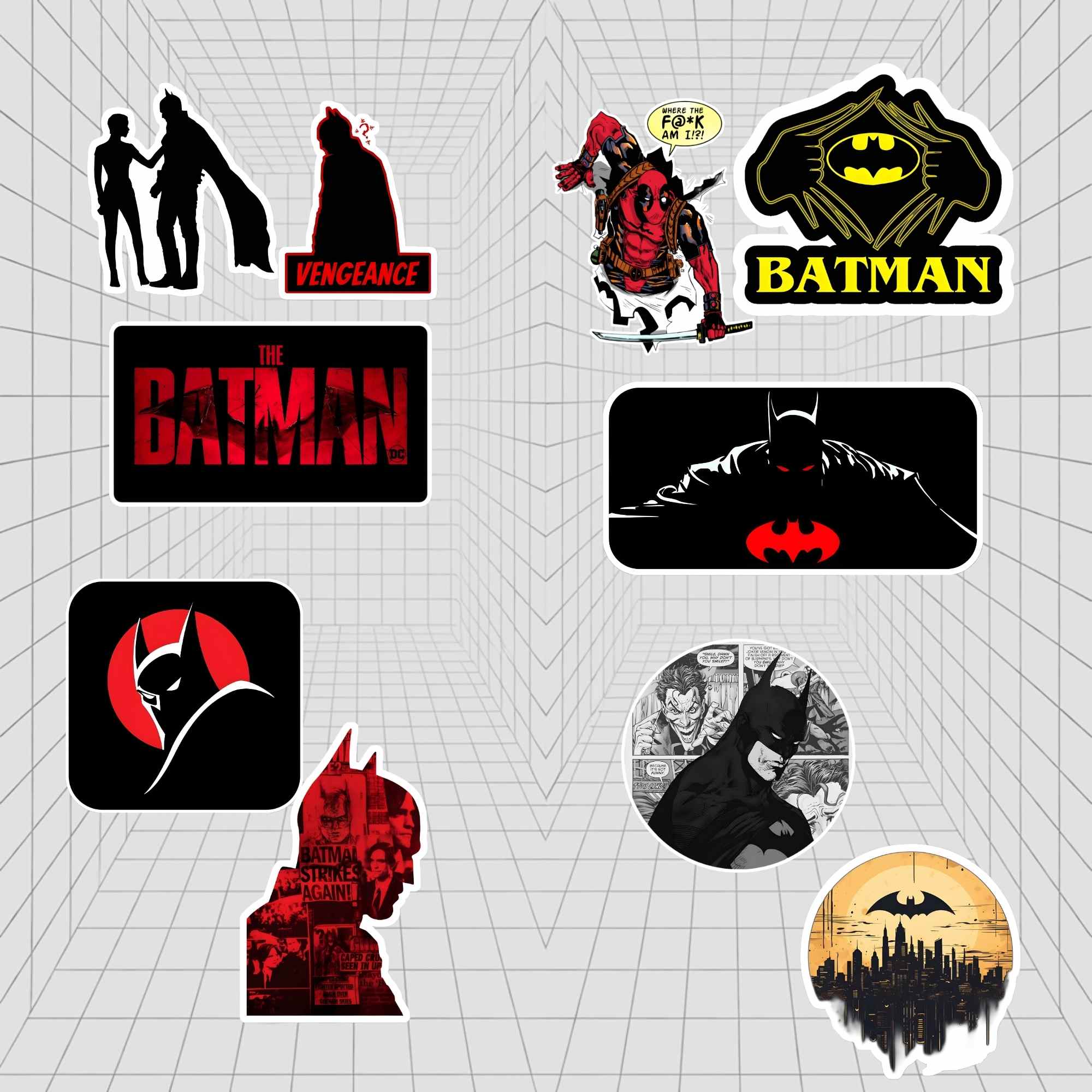 Collection of Batman-themed stickers on a grid background