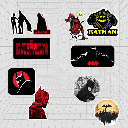 Collection of Batman-themed stickers on a grid background