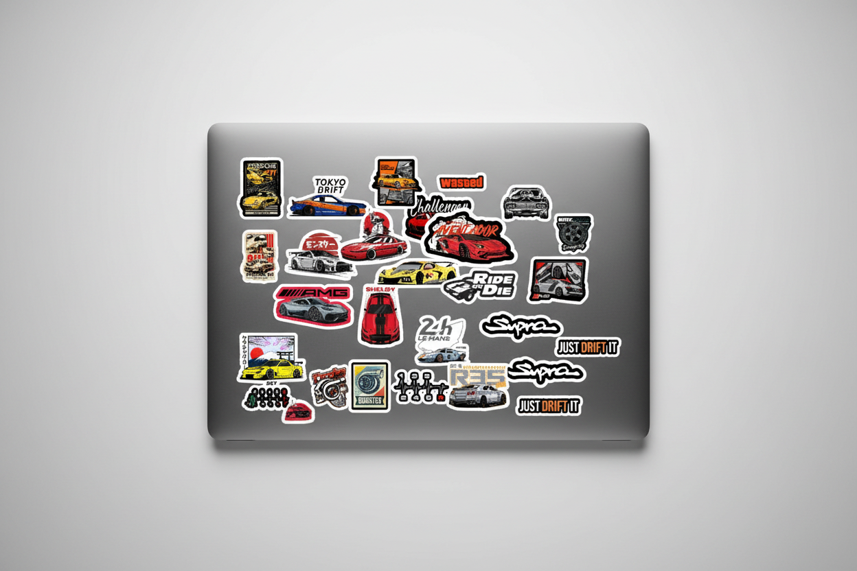 Laptop with various stickers on a gray background