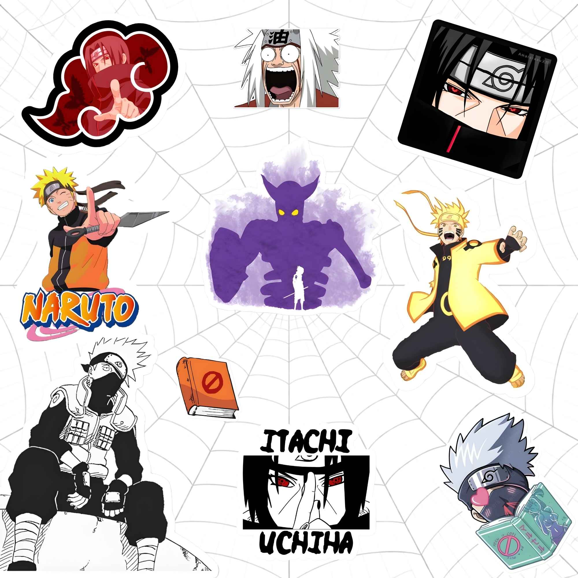 Collection of Naruto characters and symbols on a white background