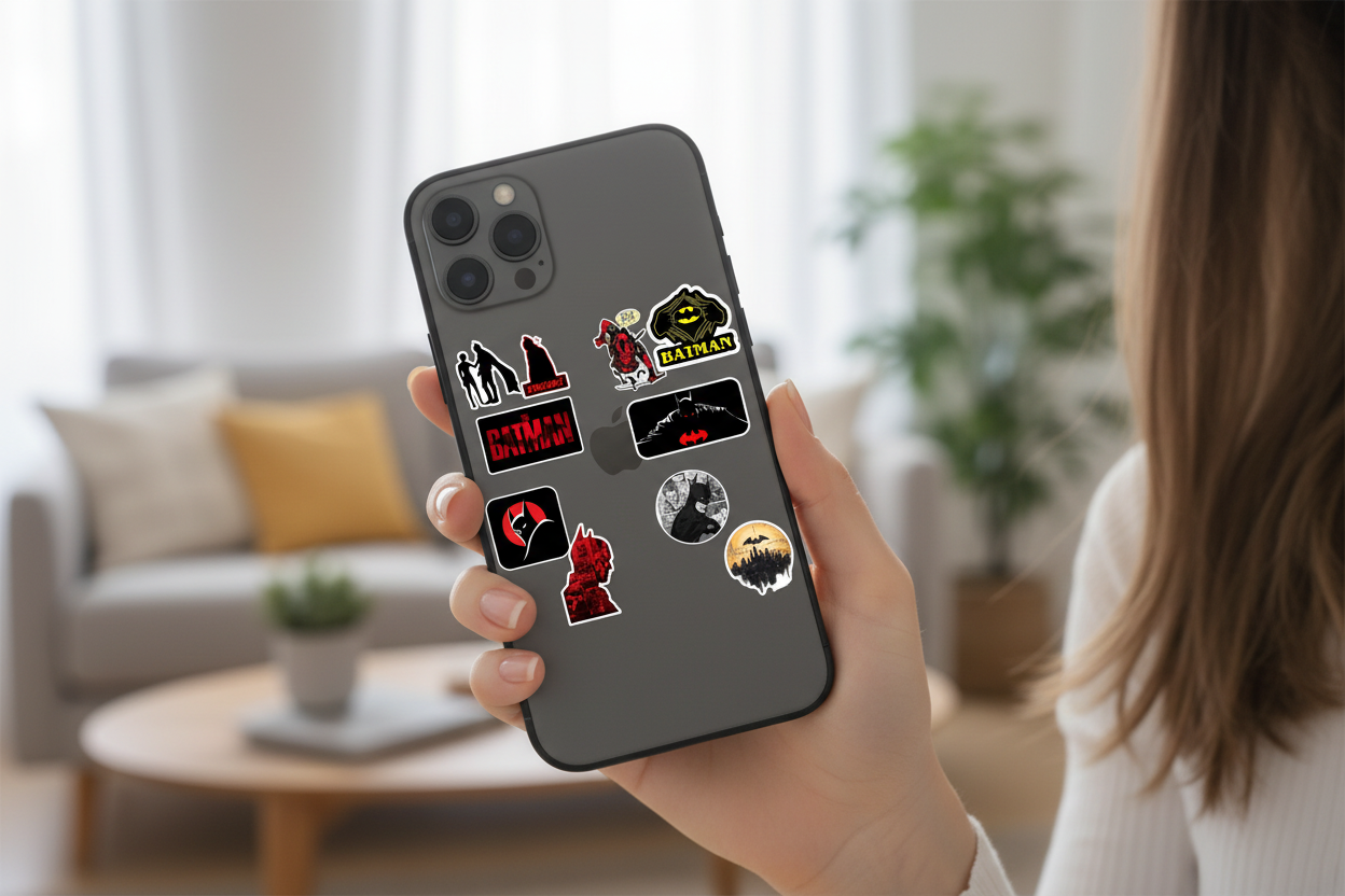 Premium smartphone mockup with Batman stickers held in hand