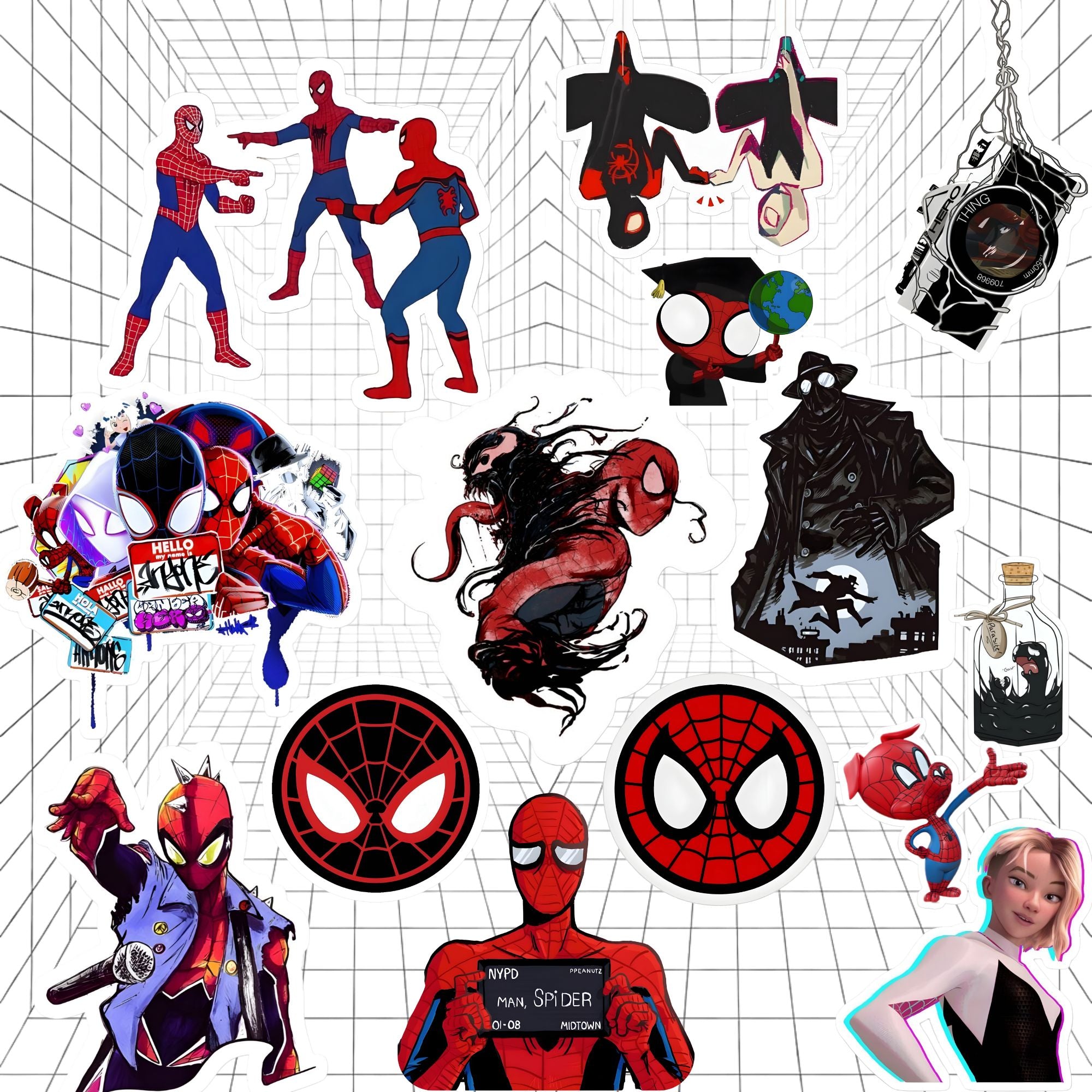 Collection of Spider-Man themed illustrations on a grid background