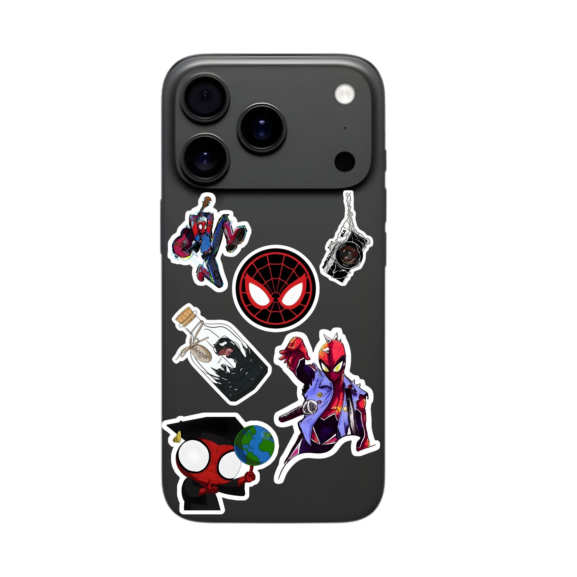 Phone case with multiple superhero stickers on a black background
