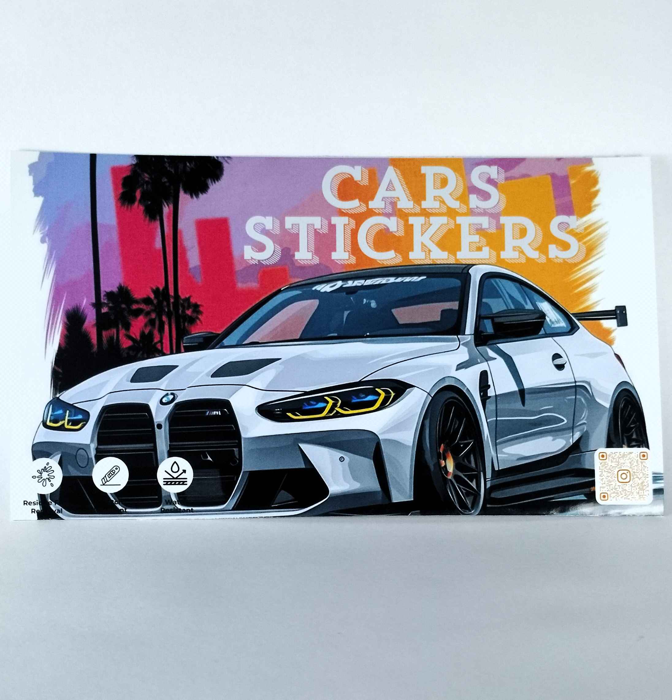 Car with stickers on a colorful background labeled 'CARS STICKERS'.